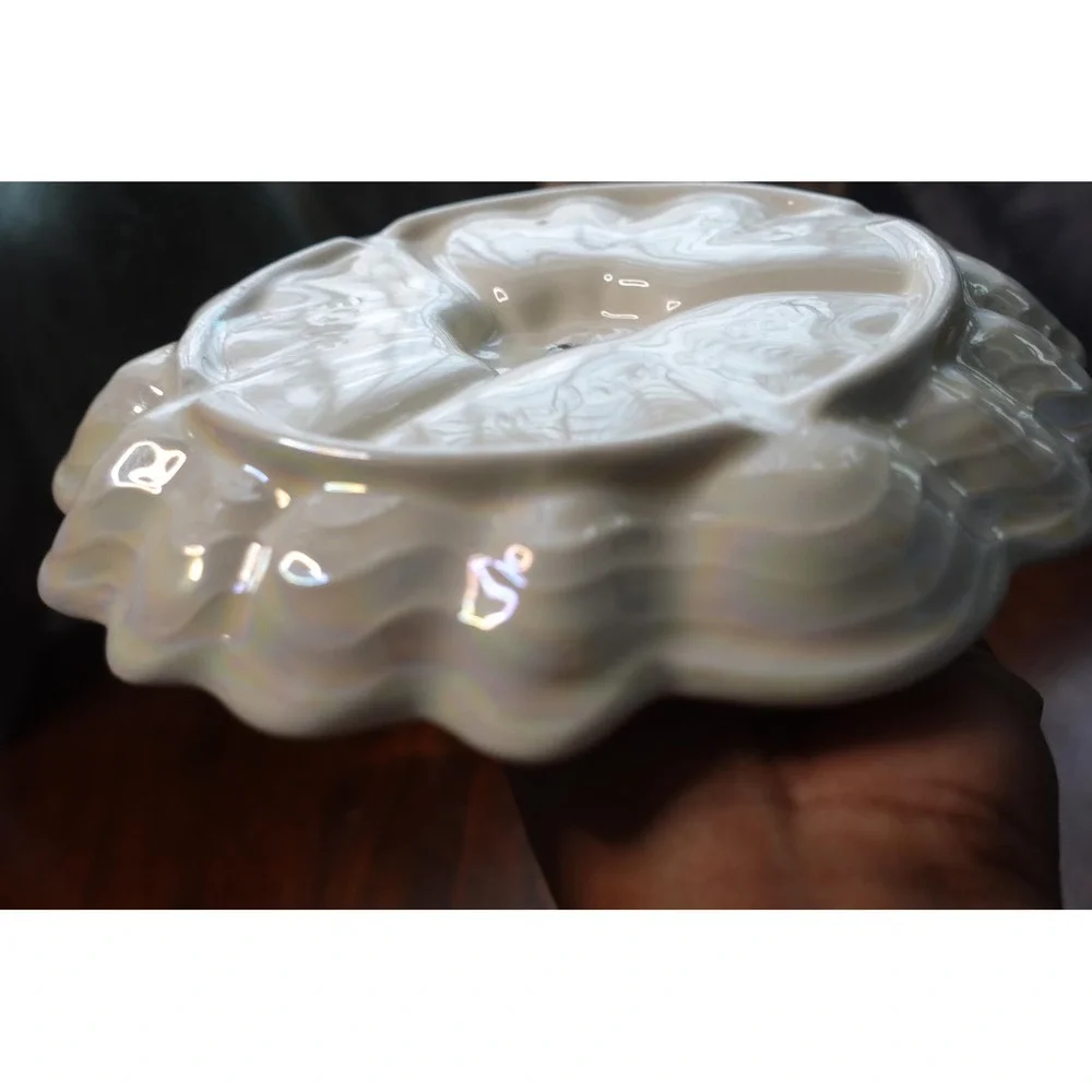 Vintage Maddux Ceramic Tidbit Tray: Iridescent Clam Shell‎ with Wood Centerpiece